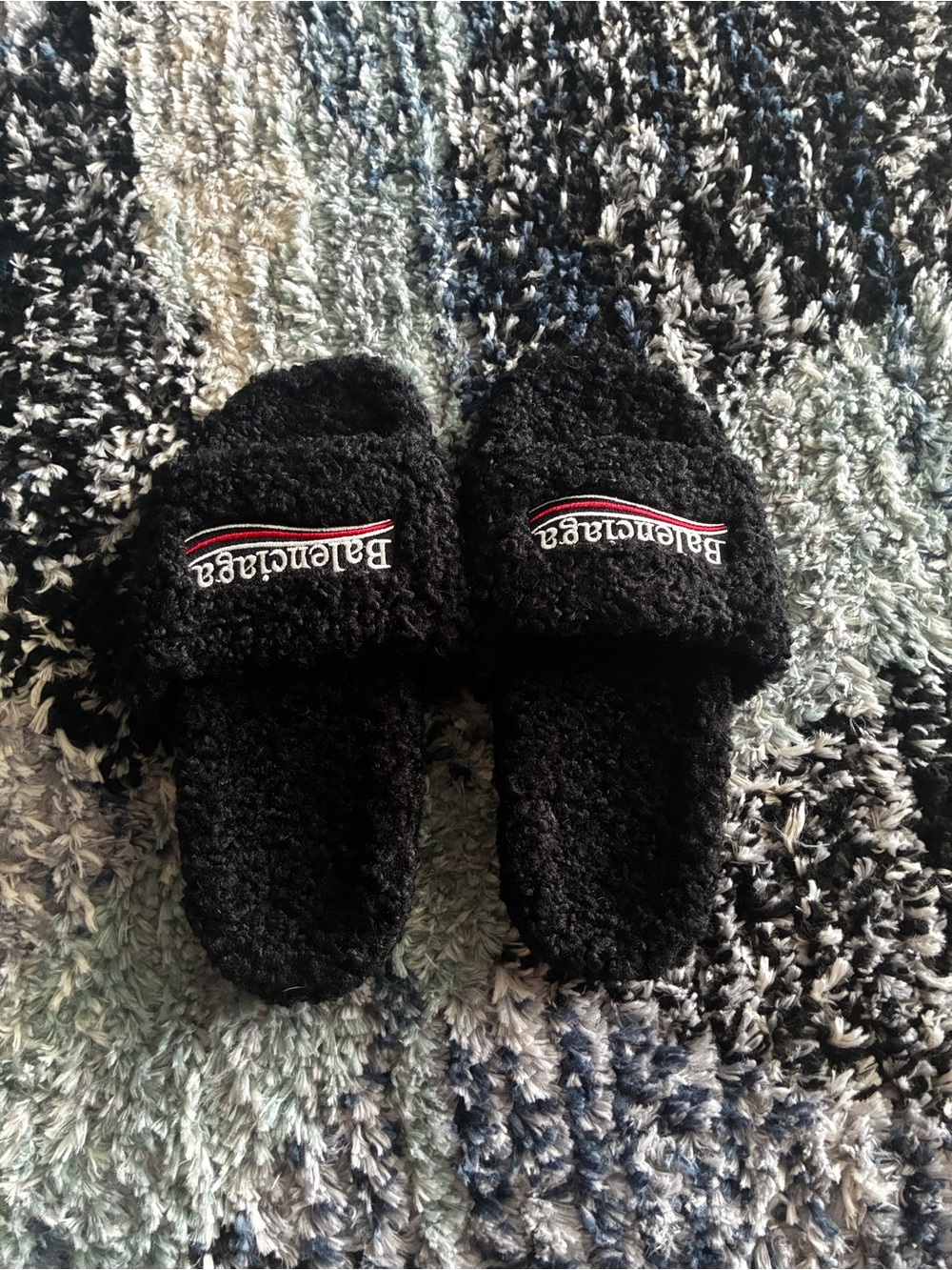 Balenciaga Black Fuzzy slides.